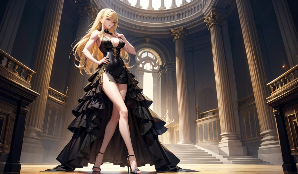 Blonde tall muscular beauty,Abdominal muscles,cleavage,Hairpin,Black evening gown,Bare Legs,palace