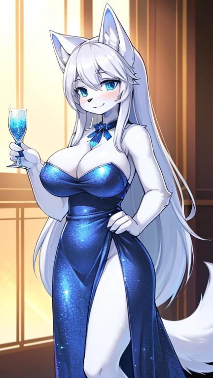 best quality, best resolution, (fluffy anthro furry), arctic fox girl, silver hair, blue eyes, (white fur), long straight hair, big breast, sophisticated manner, (blue glitter long dress with side slit), standing, fancy club, yellow lighting, holding champagne glass