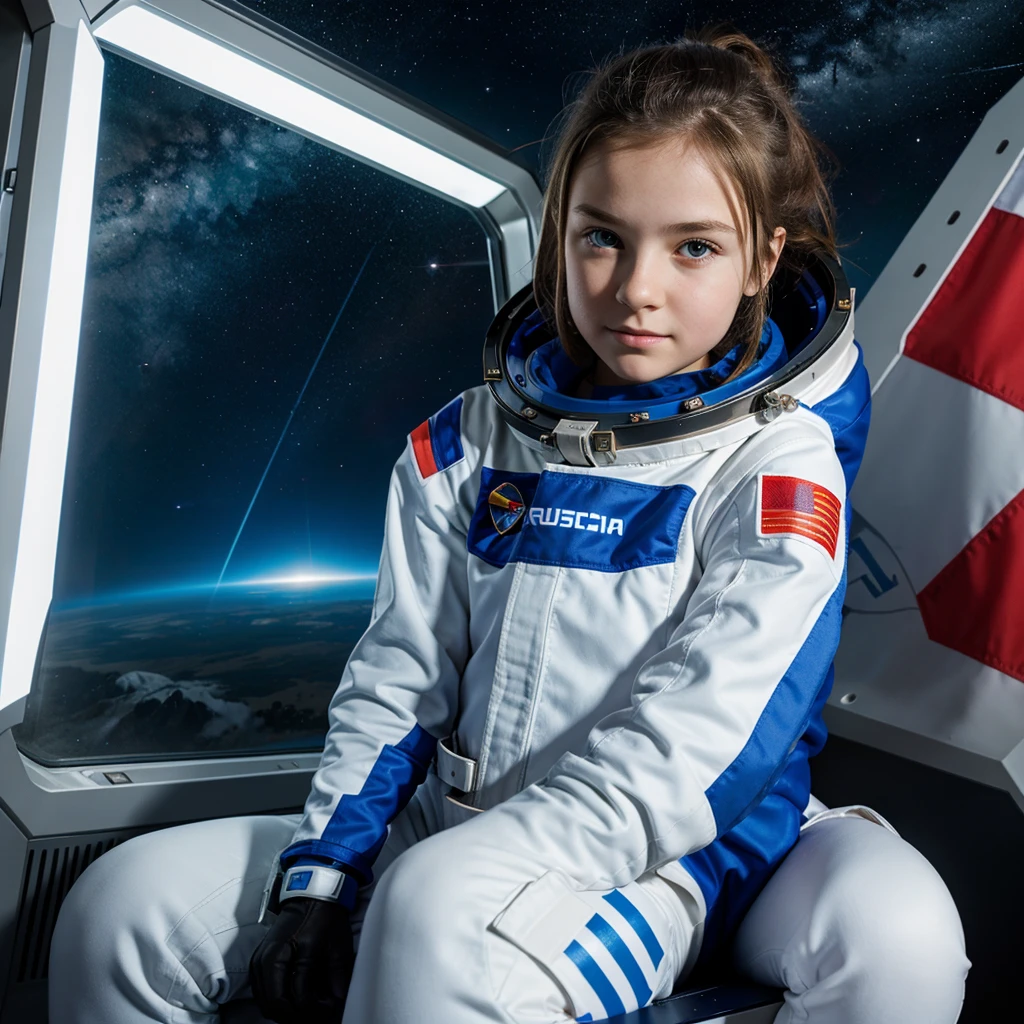 Girl in a spacesuit with a Russian flag, sits and looks into the eluminator