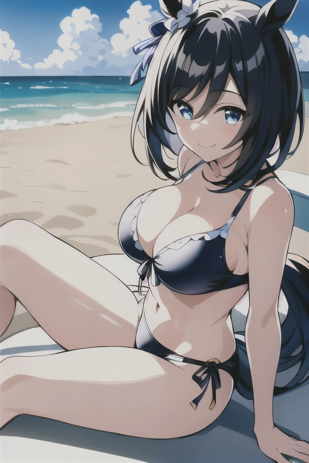 Highest quality,masterpiece, High resolution,original, Beautiful fine details,Super detailed, Eishin Flash \(umamusume\), Swimwear, bikini, 黒色のbikini, Light of the sun, Large Breasts, Cleavage, Top view, One girl, alone, Black Hair, (Horse tail), smile, smile, Sitting, Sandy Beach, Beach