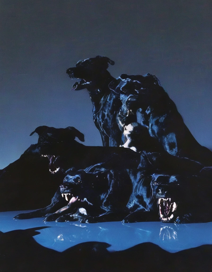 fashion shoot of giant monster black dog with three heads in darkness at night, blue background