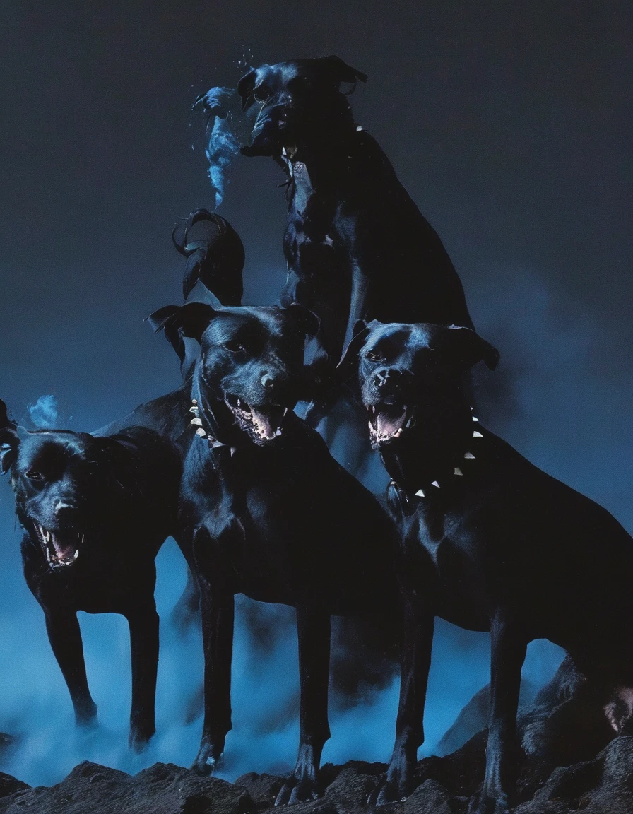 fashion shoot of giant monster black dog with three heads in darkness at night, blue background