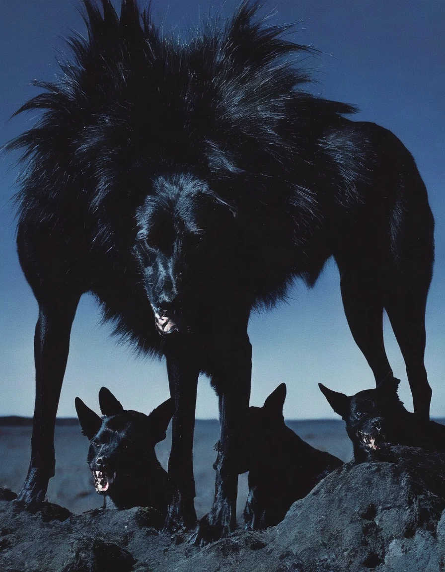 fashion shoot of giant monster black dog with three heads in darkness at night, blue background