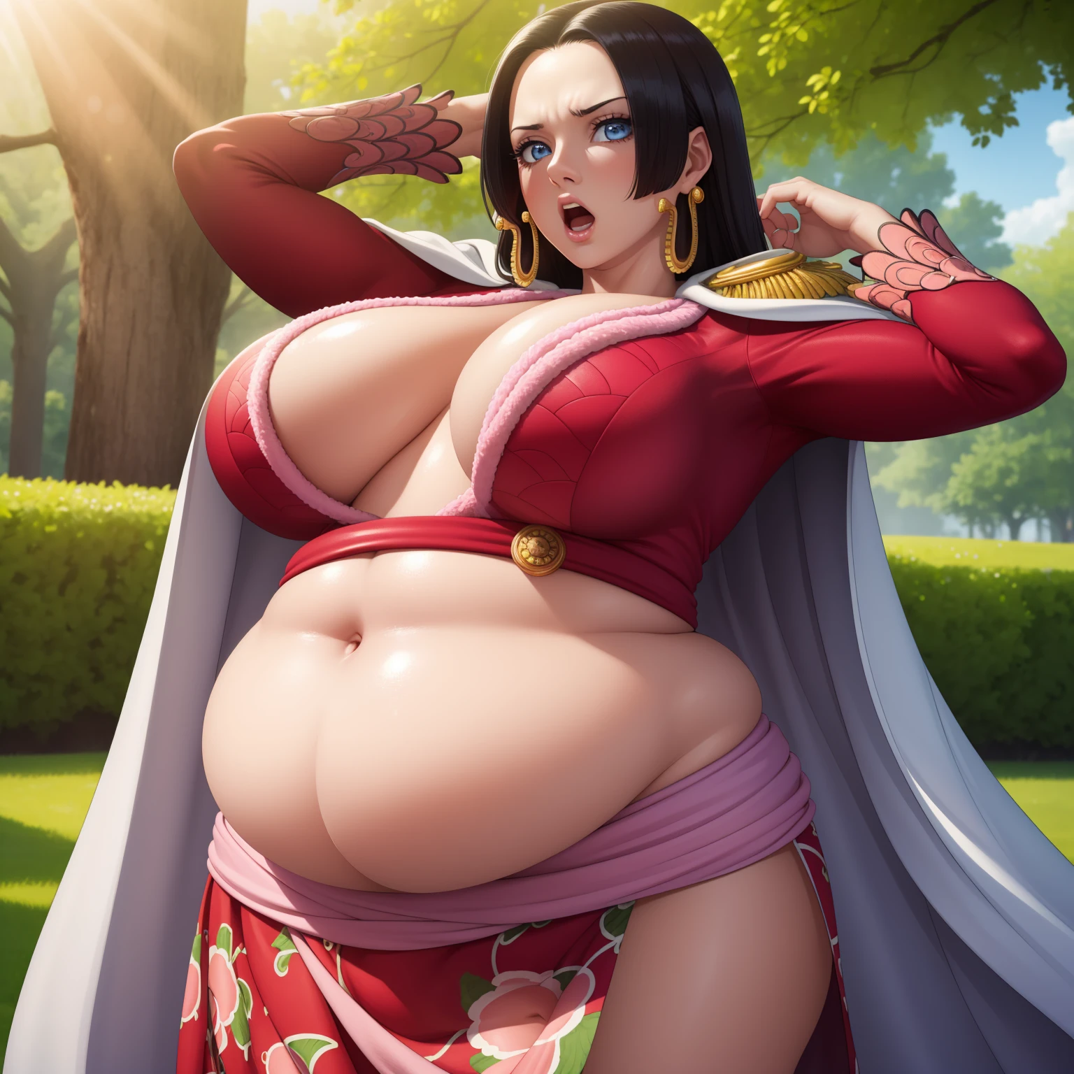 (masterpiece, best quality:1.2), cowboy shot, solo, 1girl, boa hancock, looking at viewer, hand on hip, cape, epaulettes, cleavage, jewelry, earrings, midriff,NSFW,official art,extremely detailed CG unity 8k wallpaper, perfect lighting, (masterpiece:1.0),(best_quality:1.0), ultra high res,4K,ultra-detailed, photography, 8K, HDR, highres, absurdres:1.2, Kodak portra 400, film grain, blurry background, bokeh:1.2, lens flare, (vibrant_color:1.2),(beautiful_face:1.5),(perfect hands), ((big belly, massive belly, chubby, giant belly)), shocked, open mouth, (hands behind head:1.4), (solo:1.5)