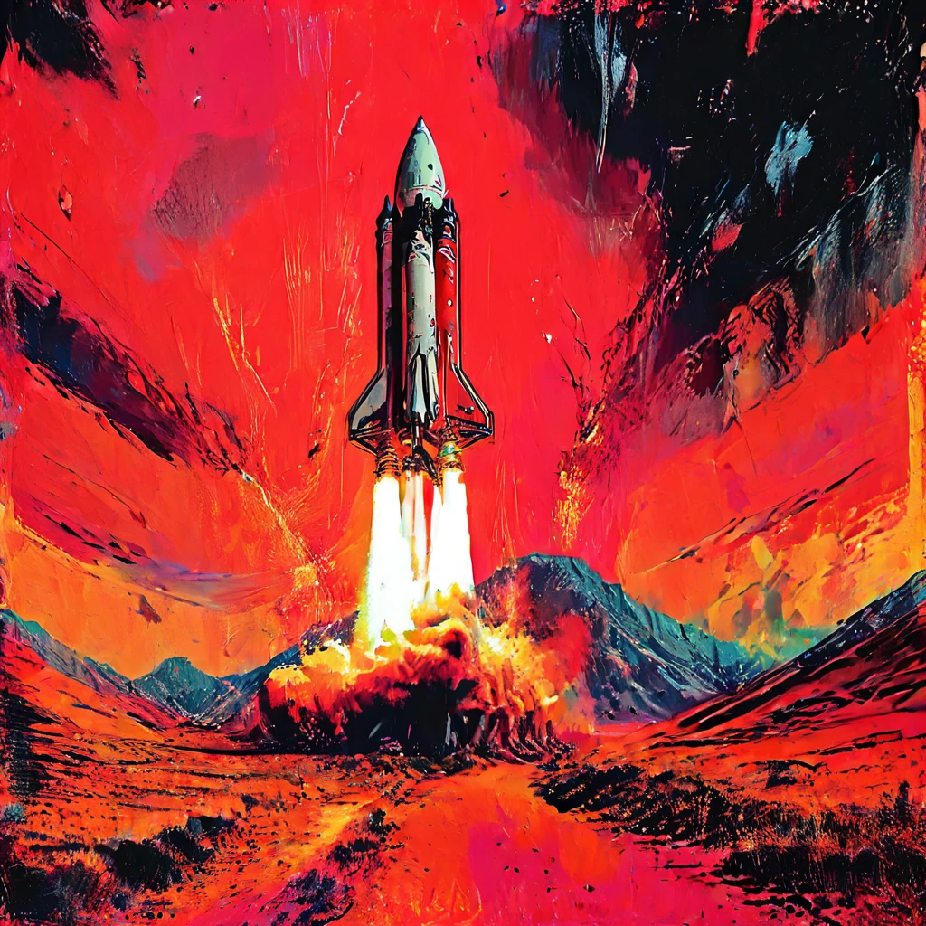impactful color paint of  a rocket is launching from Earth on a mission to explore Mars. Show the rocket against the backdrop of a red Martian sky, with the planet's surface and rocky terrain below,  ...........  highly detailed, vibrant colors , 8k, sharp, professional, clear, high contrast, high saturated, , vivid deep blacks, crystal clear