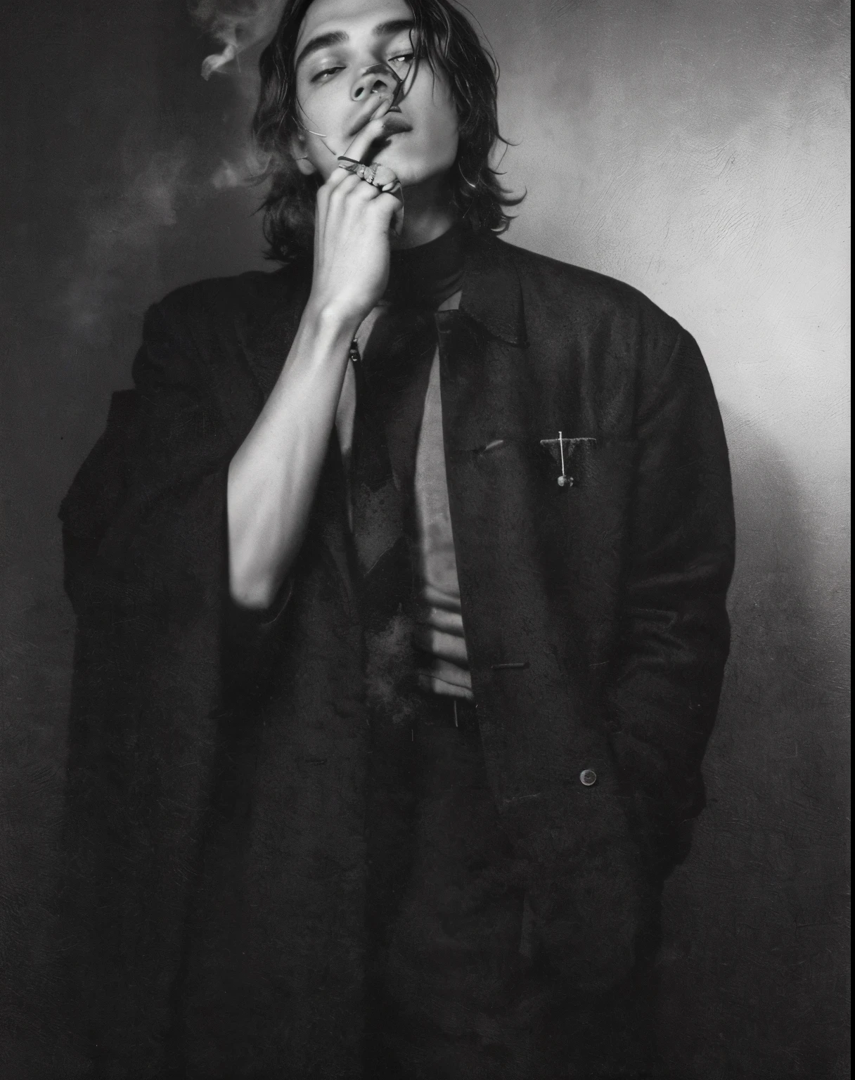 a black and white photo of a man smoking a cigarette, by Silvia Pelissero, frank dillane, by Micha Klein, by Austin English, by Karl Buesgen, by Emma Andijewska, by Byron Galvez, by Dan Frazier, by Matija Jama, by Matteo Pérez, post malone, by Daniel Lieske