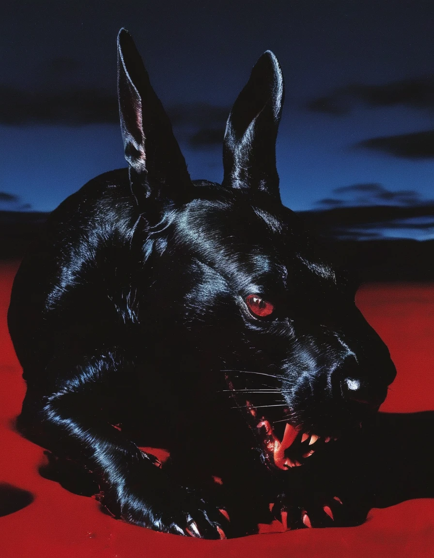 fashion shoot of giant black rabbit  in red darkness  at night, blue background