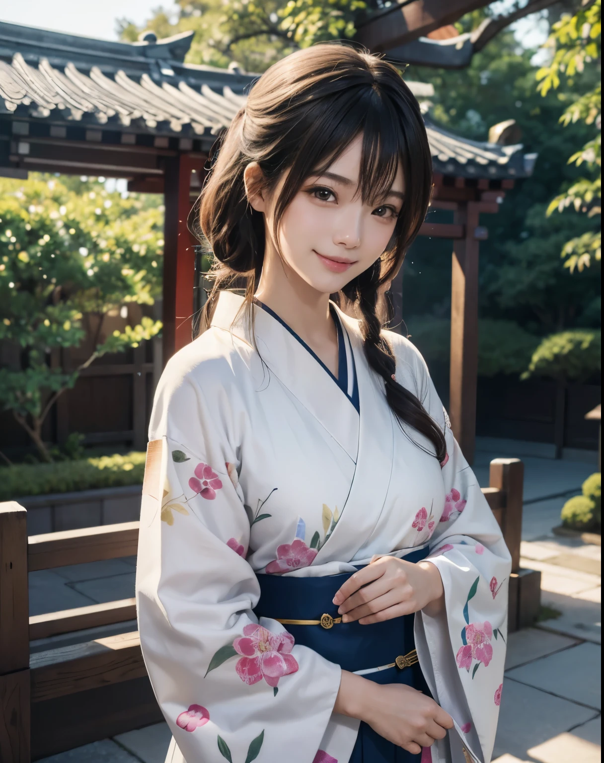 Professional Lighting,(Photorealistic:1.4), (Top image quality:1.0), (超High resolution:1.0), 8k, Raw photography, (masterpiece:0.2), (Purelos Face_v1:0.5)、(最高quality Detail:1.2)、Realisticな、8k UHD、High resolution、(One Girl:1.2)、超detailedな、High quality textures、Intricate details、detailed、非常にdetailedなCG、High quality shadows、detailed 美しく繊細な顔、detailed 美しく繊細な目、Depth of written boundary、Ray Tracing,One Girl, Japanese girl, (Natural smile:1.4),cute, thin, Portrait of a beautiful Japanese woman in a kimono, Standing in a graceful pose at a traditional shrine. The kimono is vividly decorated with traditional patterns., Her hair is adorned with an elegant and delicate hairpin., Gentle expression. With a shrine in full bloom in the background、The soft light of a spring afternoon、Adding tranquility to the scene. Rendered in a detailed and realistic style, High resolution画像.Sky Porn, Magic Hour, (Realistic:1.3), 細かくdetailedに, quality, (Tabletop:1.2), (Realistic:1.2), (最高quality), (Intricate details), dramatic, Ray Tracing, photograph, +roller