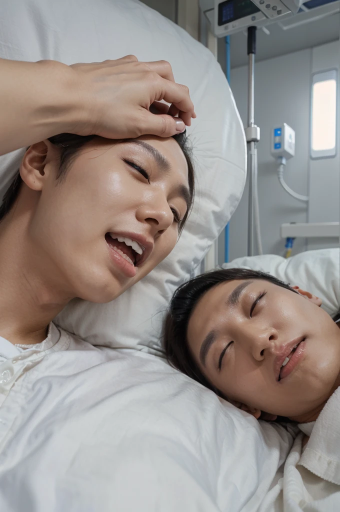 korean male is coma in hospital his eyes are open unconscious and his mouth is stroke