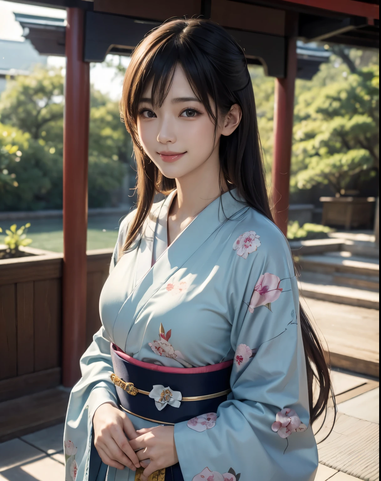 Professional Lighting,(Photorealistic:1.4), (Top image quality:1.0), (超High resolution:1.0), 8k, Raw photography, (masterpiece:0.2), (Purelos Face_v1:0.5)、(最高quality Detail:1.2)、Realisticな、8k UHD、High resolution、(One Girl:1.2)、超detailedな、High quality textures、Intricate details、detailed、非常にdetailedなCG、High quality shadows、detailed 美しく繊細な顔、detailed 美しく繊細な目、Depth of written boundary、Ray Tracing,One Girl, Japanese girl, (Natural smile:1.4),cute, thin, Portrait of a beautiful Japanese woman in a kimono, Standing in a graceful pose at a traditional shrine. The kimono is vividly decorated with traditional patterns., Her hair is adorned with an elegant and delicate hairpin., Gentle expression. With a shrine in full bloom in the background、The soft light of a spring afternoon、Adding tranquility to the scene. Rendered in a detailed and realistic style, High resolution画像.Sky Porn, Magic Hour, (Realistic:1.3), 細かくdetailedに, quality, (Tabletop:1.2), (Realistic:1.2), (最高quality), (Intricate details), dramatic, Ray Tracing, photograph, +roller