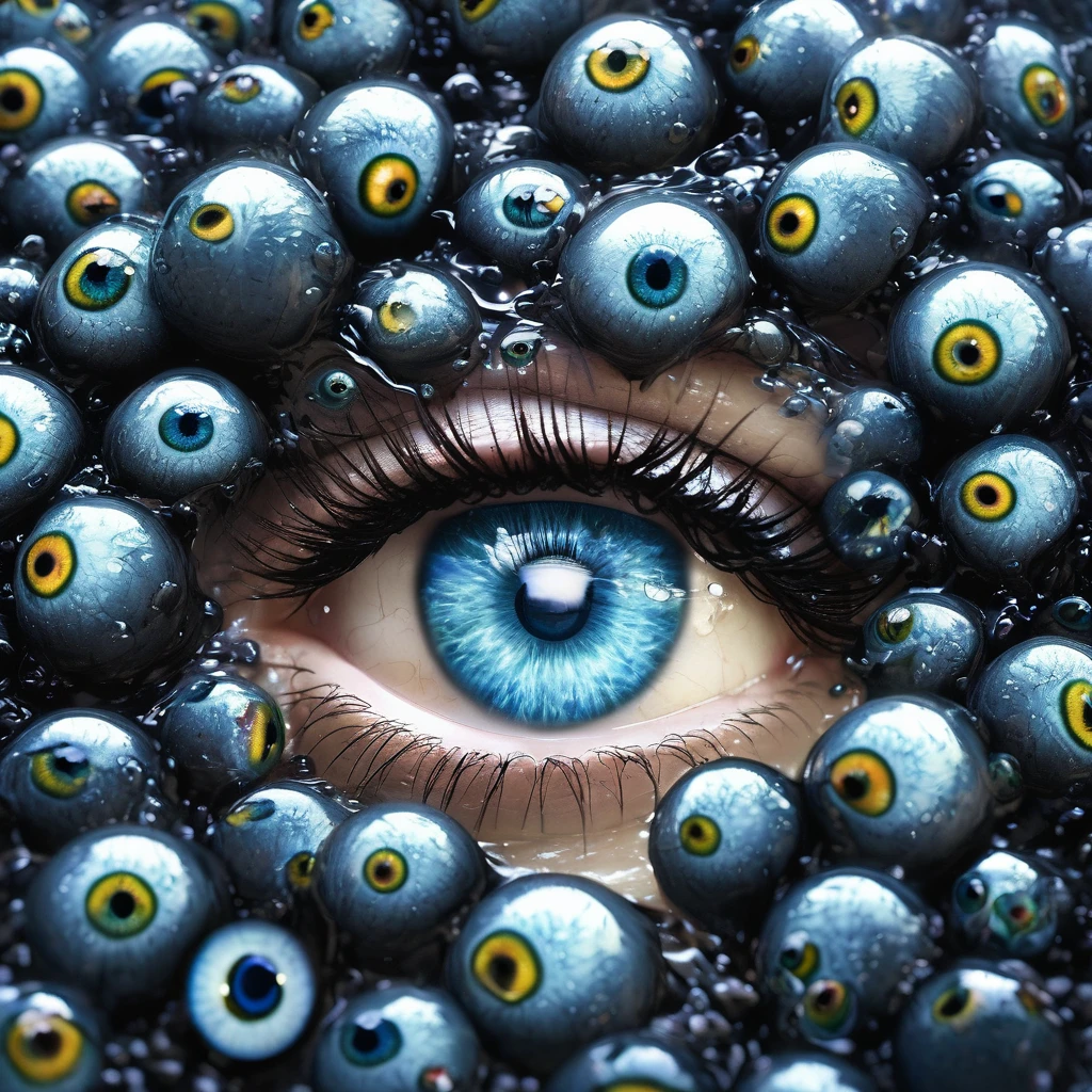 a detailed human head having ((multiple count of eyeballs)) in a , cosmic watery dimension using crystal clear effect , ((wet effect)) , shimmering vibrant , blackpitch background using hd , 32k high resolution, clear grahpic , high quality image in 32k resolution.