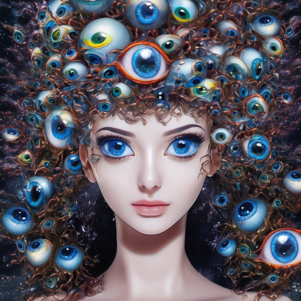a detailed human head having ((multiple count of eyeballs)) in a , cosmic watery dimension using crystal clear effect , ((wet effect)) , shimmering vibrant , blackpitch background using hd , 32k high resolution, clear grahpic , high quality image in 32k resolution.