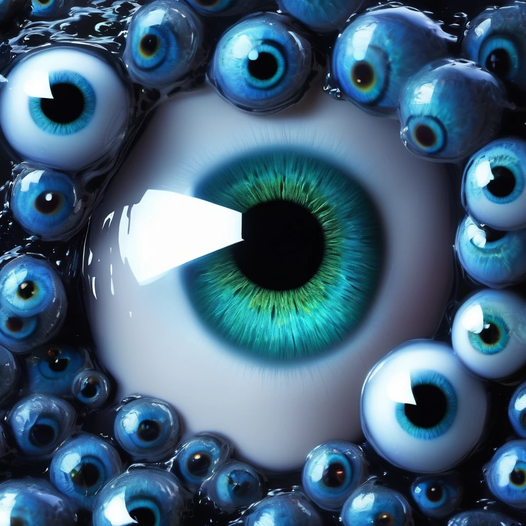 a detailed human head having ((multiple count of eyeballs)) in a , cosmic watery dimension using crystal clear effect , ((wet effect)) , shimmering vibrant , blackpitch background using hd , 32k high resolution, clear grahpic , high quality image in 32k resolution.