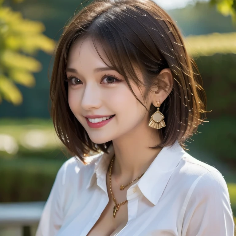 ((Highest quality)), ((masterpiece)), (detailed), ((Highest quality))、RAW、4K、High resolution、smile、Perfect Face, Japanese、24-years-old、female、((１By people))、short hair、Bob Hair、Earrings、necklace、Light Brown Hair、Large Breasts、Cleavage、Perfect Anatomy、Anatomically correct body、((White collared shirt))、