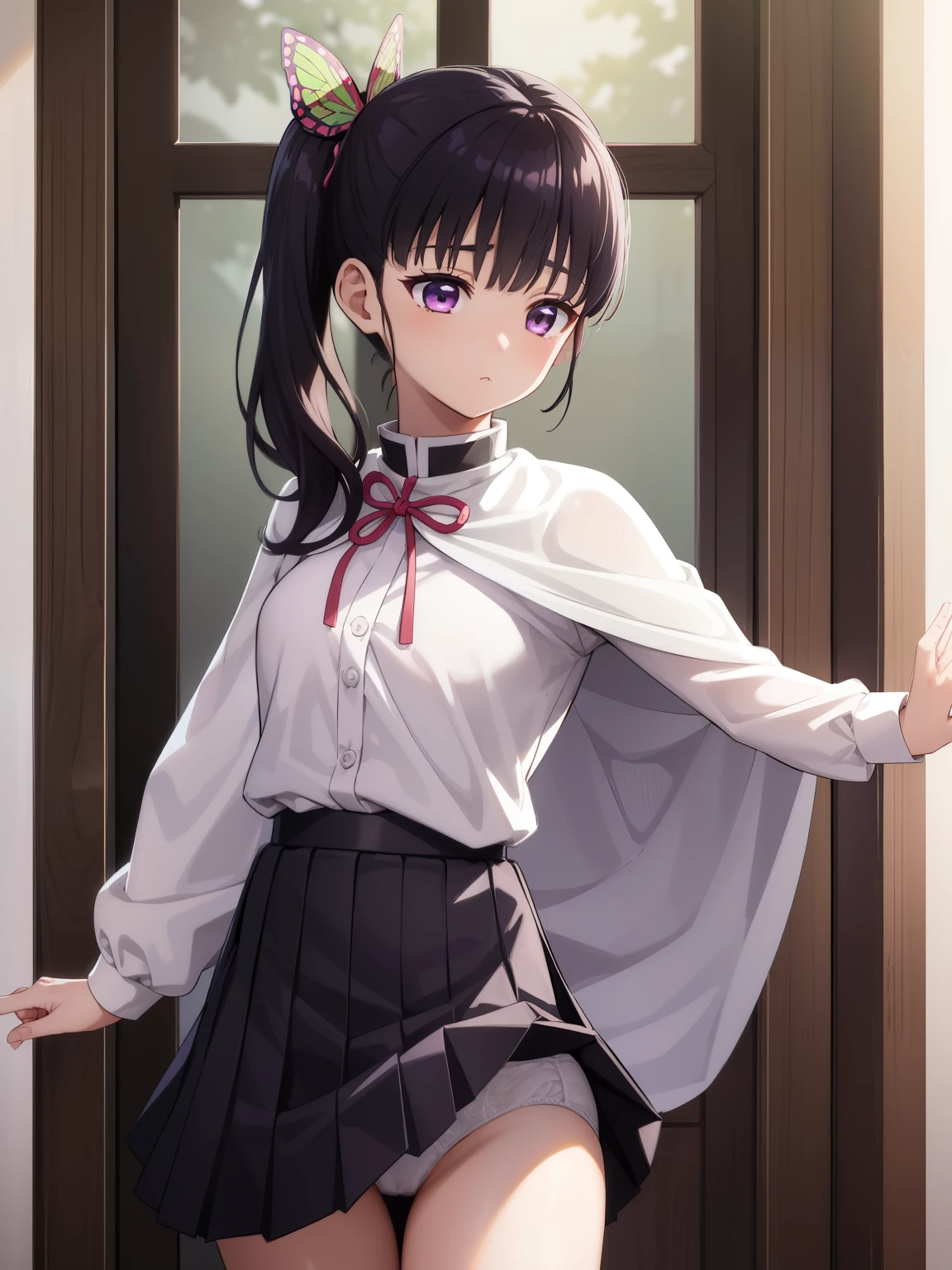 Kanaotsu Yuri, kanao tsuyuri, Black Hair, butterfly, butterfly hair ornament, (Purple eyes:1.1), Side ponytail, ponytail,
Blake Black skirt, Cape, Demon Slayer uniform, Long sleeve, Pleated skirt, skirt, ホワイトCape,
break looking at viewer,
Take a break indoors, shabby room,
break (Tabletop:1.2), Highest quality, High resolution, unity 8k wallpaper, (shape:0.8), (Beautiful details:1.6), Highly detailed face, Perfect lighting, Extremely detailed CG, (Perfect hands, Perfect Anatomy),skirt lift, ,(((White underwear with decoration))), Contempt, Contempt
