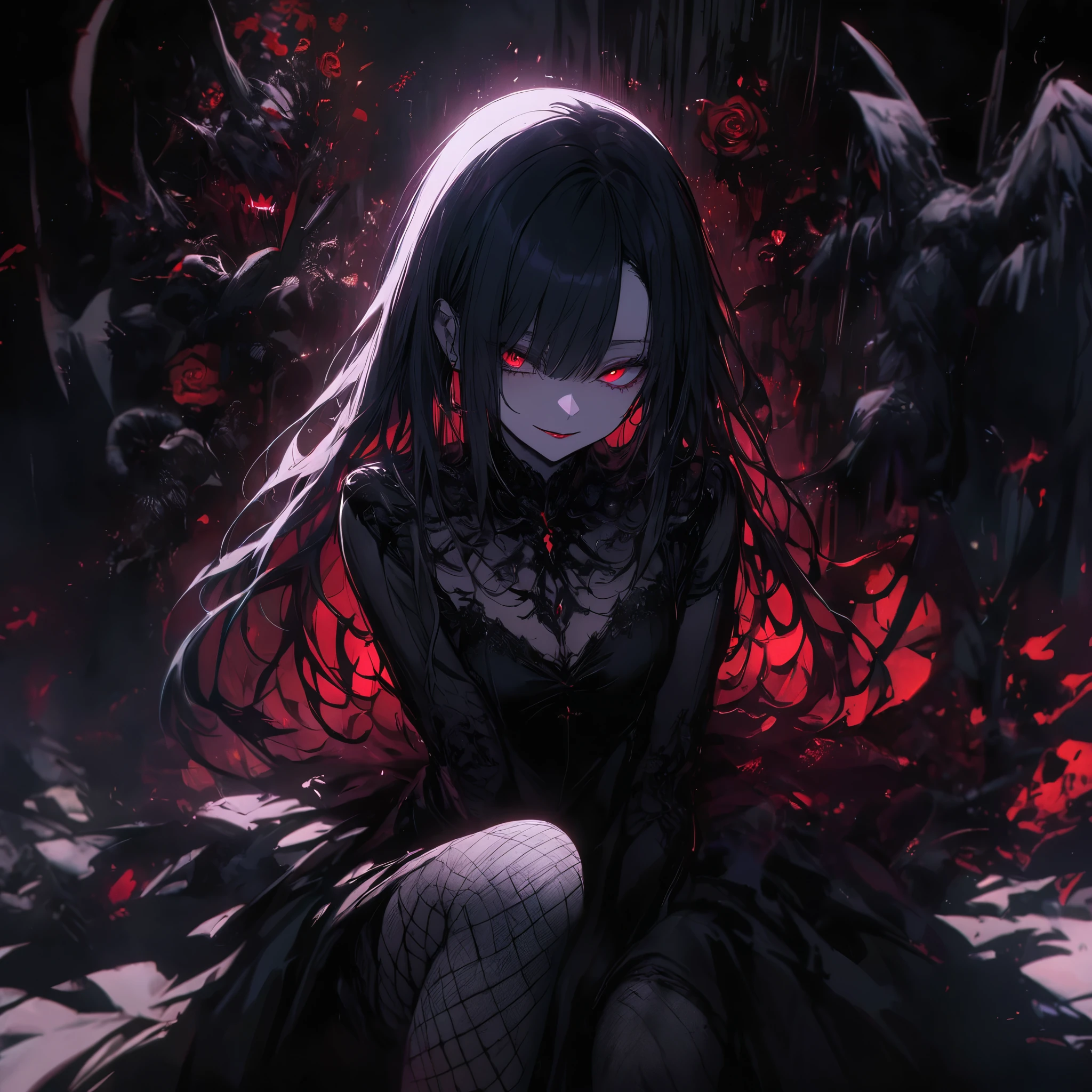 (dark atmosphere,gothic fashion,bright colors),(best quality,Super exquisite,),Sexy goth Vampire girl,In the rose garden at night,Beautiful and delicate eyes,Straight black ponytail with blue tips,Crow feathers,red lipstick,mysterious smile,Pale complexion,fishnet stockings,black dress,Pointed-toe bootysterious aura,The moonlight illuminates her elegant silhouette,Soft shadows and soft highlights,Contrasting colors create a vibrant atmosphere,dark and moody color palette,Subtle yet dramatic lighting effects,Sublime darkness intertwined with exquisite moonlight, She's tall and mature, red tone, beautiful pretty face, long hair