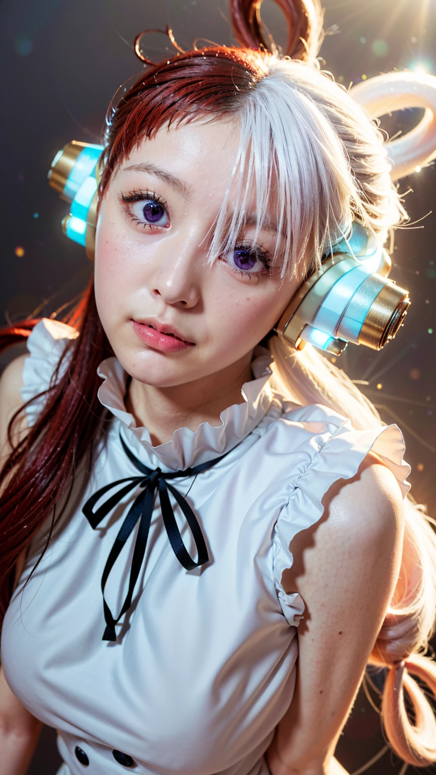 masterpiece Uta, one piece \(series\), Anime art style, masterpiece, Elegant white dress, Long red and white hair, One girl, alone, headphone, Red eyes, Looking at the audience, Beautiful Face, Detailed face, Mouth closed, Photo: Central body, elbow sleeve, Eyes visible through hair, Medium chest, V-shaped eyebrows, Detailed Background, Outdoor, Beach, null, (Super detailed), (8k, Complex), (85mm), Particles of light, Day, whole body, (Very detailed:1.2), (Gradation), SFW, colorful, (Detailed Background), (The rule of thirds_composition:1.3), (Course of action:1.2), Daylight, alone