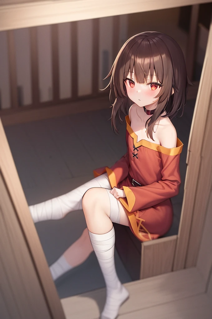 Megumin, One girl,alone,Short and long hair,Brown Hair,Red Eyes,Small breasts,clavicle,Red dress,Gold border,Black choker,Bandage on leg,Hotel Rooms,Night view of skyscrapers,Orange lighting,Top view,