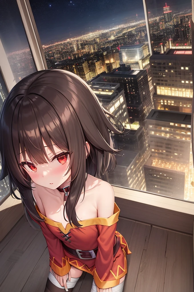 Megumin, One girl,alone,Short and long hair,Brown Hair,Red Eyes,Small breasts,clavicle,Red dress,Gold border,Black choker,Bandage on leg,Hotel Rooms,Night view of skyscrapers,Orange lighting,Top view,