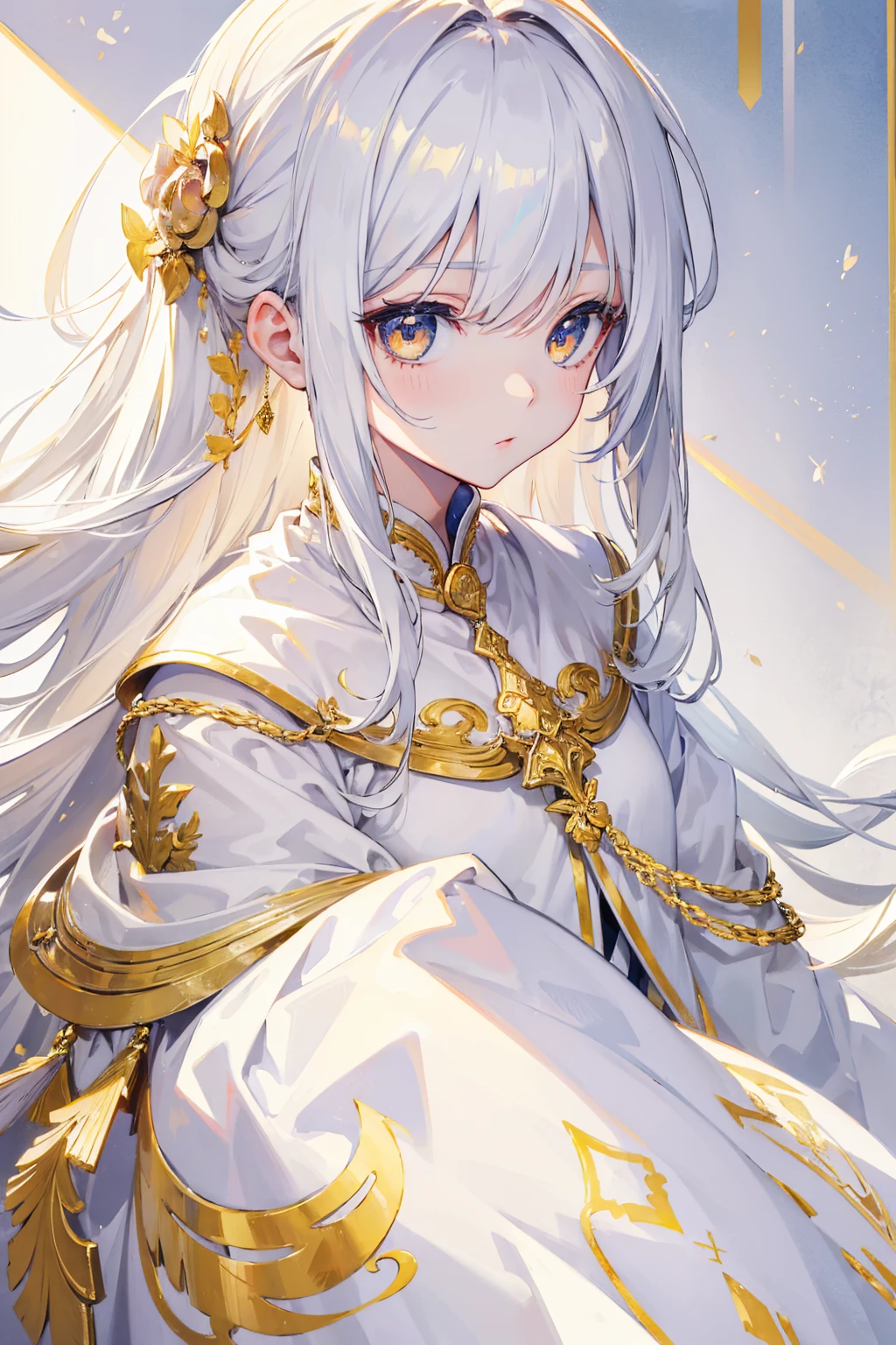 Highest quality, masterpiece,カラフルなhair, Golden Eyes,White clothes, look up, ,hair,White skin,