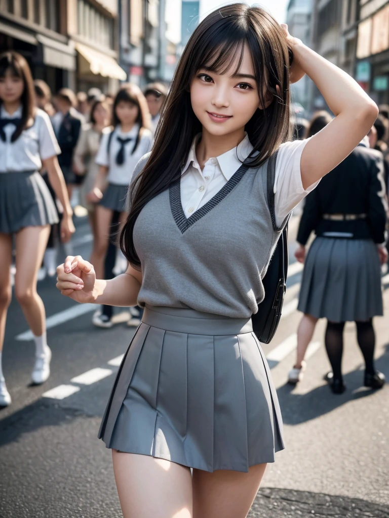(8k, RAW Photos, Highest quality, masterpiece:1.2), (Realistic, photo-Realistic:1.4), (Highly detailed 8K wallpapers), Sharp focus, Depth of written boundary, Cinematic lighting, Soft Light,Eyes of delicate beauty,shiny smooth black Long Bob Hair, Asymmetrical bangs, Glowing Skin, Ultra-dense skin,High resolution, High Detail, Detailed hairstyle, Detailed facial beauty, hyper Realistic, Perfect limbs, Perfect Anatomy ,1 Japanese girl,Famous Japanese Idols, Perfect female body, Large Breasts,smile,Short eyelashes,double eyelid,Long Bob Hair, (school uniform : 1.3), (Micro Mini Skirt Grey Micro Mini Skirt:1.3),Watching the audience, (Crowded street:1.3),Cowboy Shot