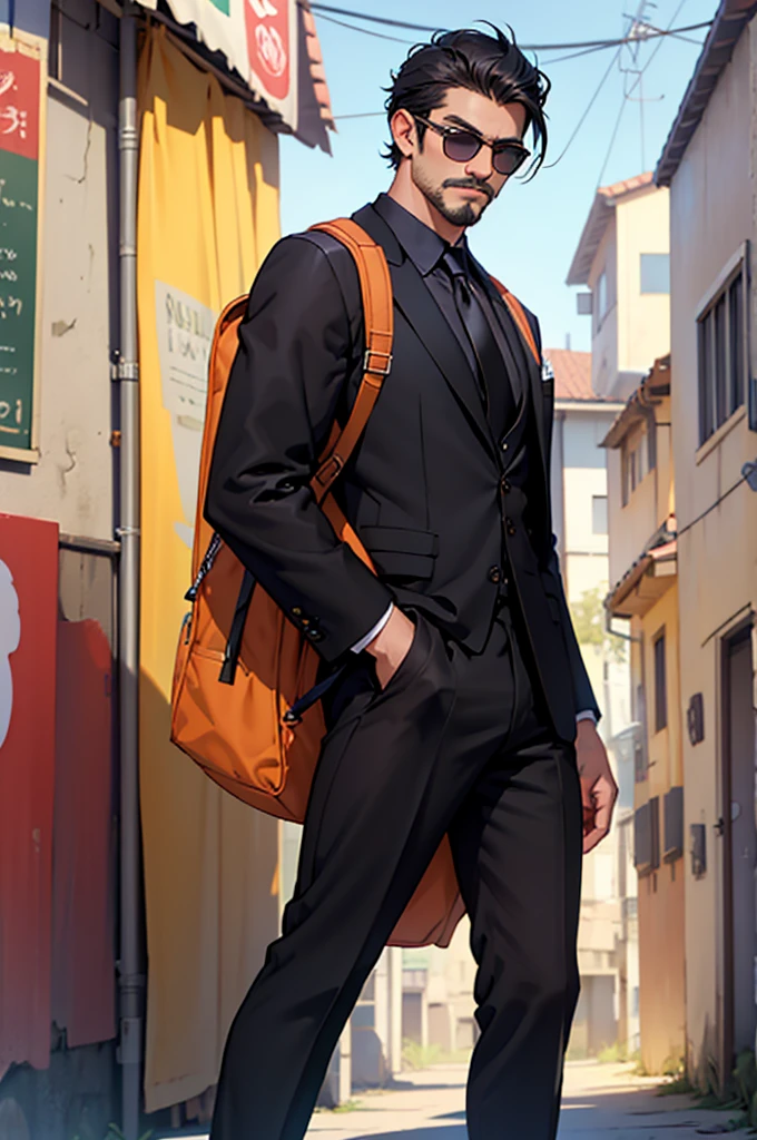 ((melhor qualidade)), ((Obra de arte)), ((detalhado)), only ONE YOUNG MAN with his back to the camera looking over his shoulder He is Caucasian has fair skin a thin nose short black hair and a beardless ONLY a mustache He is wearing black Rayban aviator sunglasses dressed in a black suit purple tie black dress shoes with gold details He is holding a brown canvas backpack. image png transparent background