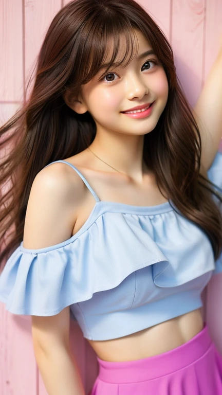 12 years old , 1 Girl,, Off the shoulder, smile, Summer Afternoon、Tank top、Extremely short skirt、healthy、Active、Play、Vibrant、Round face、slender、素敵なsmile、Delicate skin type、Looking up、Thick lips、Slit eyes、Slanted Eyes、Blushing、Belly button、ribbon、barefoot、Holding both hands out in front of each other for a hug
