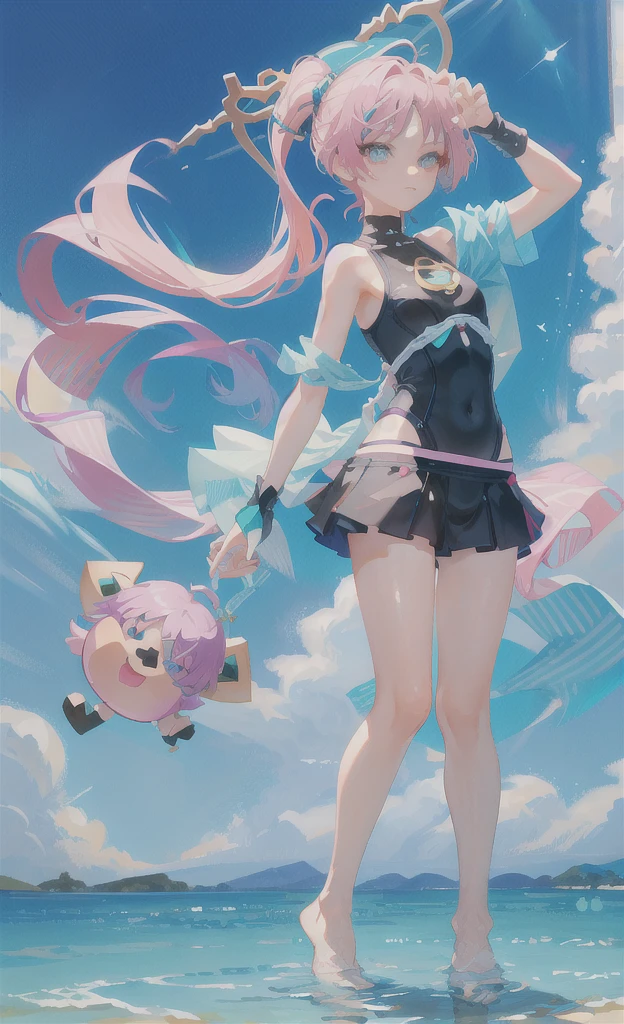 (Character Design、Full-body portrait )Cute swimsuit girl、Pink Hair、The hairstyle is a short ponytail 、Odd Eye 、The color of the swimsuit is light green. 、She's making a cute pose