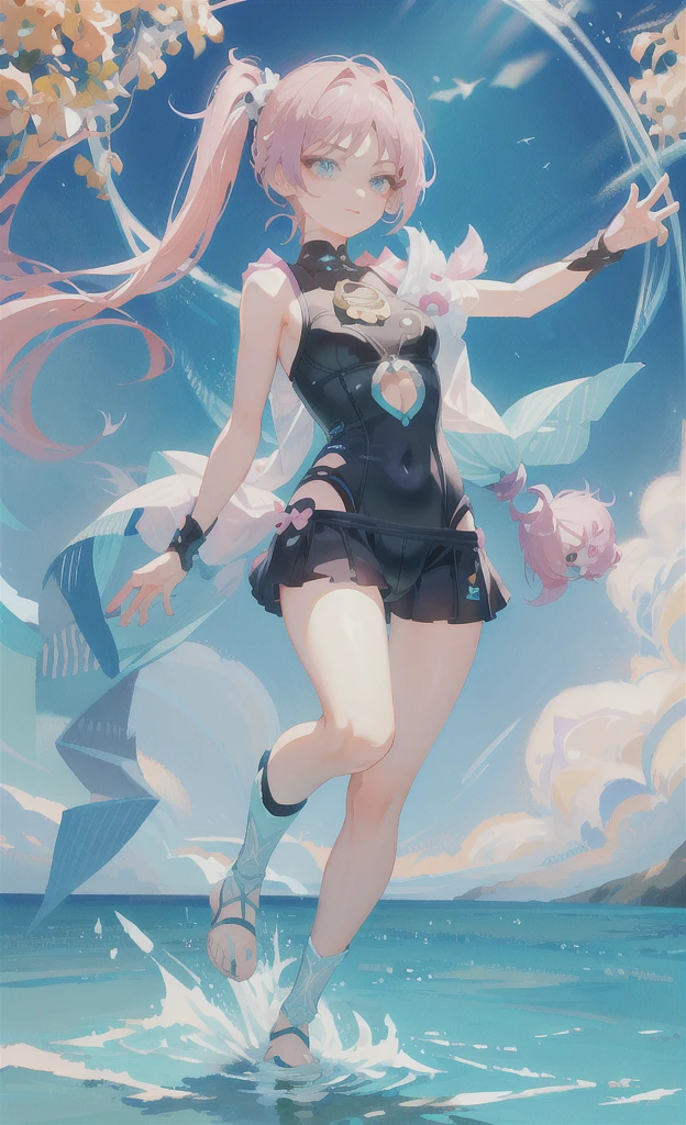 （Character Design、Full-body portrait ）Cute swimsuit girl、Pink Hair、The hairstyle is a short ponytail 、Odd Eye 、The color of the swimsuit is light green. 、She&#39;s making a cute pose

