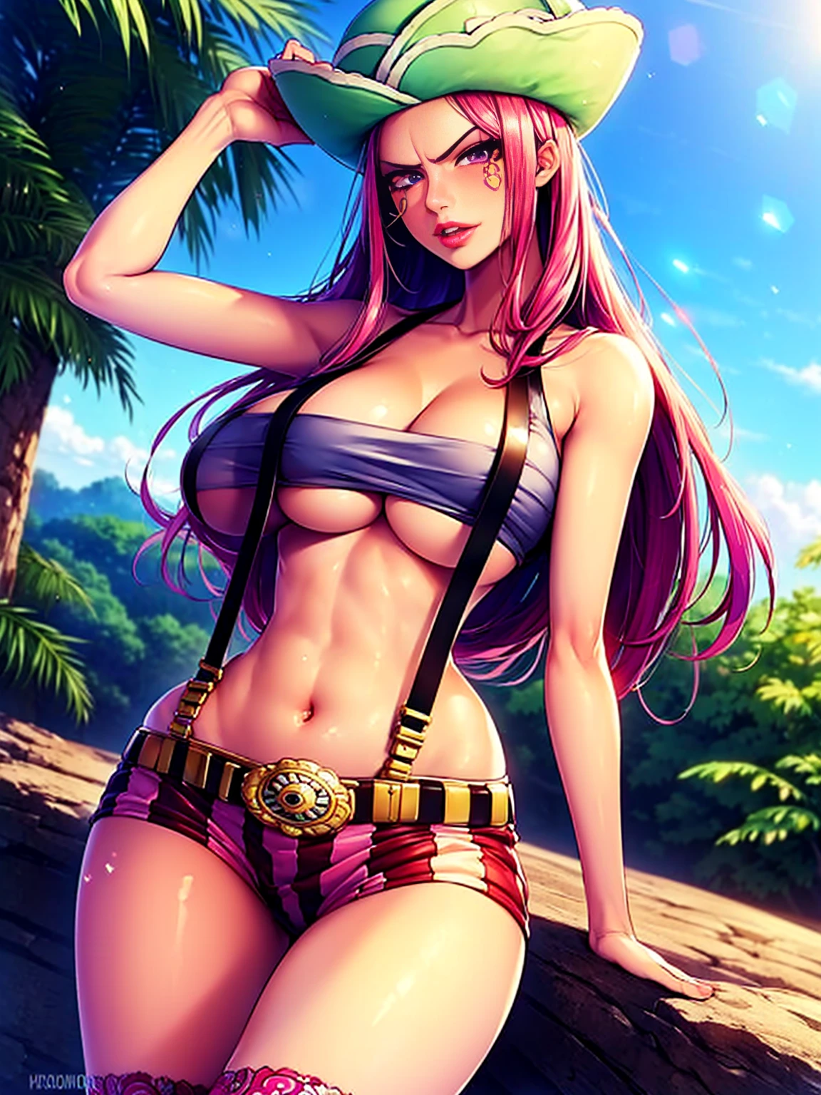SEXY GIRL IN A PROVOCATIVE POSE, CUTE SEMI-NAKED GIRL, ((top quality, 8k, masterpiece:1.3)), Detailed eye, (looking from the front), looks at the camera, ((Everything is sparkling、light-reflecting:1.2)), (Best ratio: 4 fingers, 1 thumb), (portrait), (((Jewelry Bonney from One Piece))), JewelryBonneyV2, half body shot, 1girl, only, pretty face, long hair, pink hair, a, ((thin girl, huge breasts, hyper detailed lips)), red lips, (thigh highs, shorts, suspenders, boots, purple eyes), navel, diaphragm, crop top, belt , suspender shorts, intricate detailed background, barren land, rocks, ocean, natural environment, Contrast, Nervous, blush,