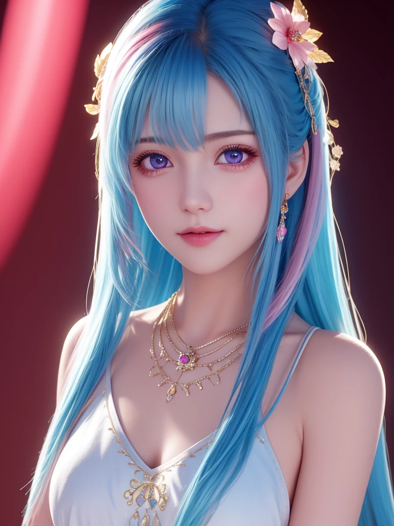 best quality, masterpiece, High target, 1 Girl, nude, Hair Decorationss, necklace, Decorations, Pretty Face, When the body, Tyndall effect, Realistic Portraits, Dark Studio, Edge lighting, Two-color light, (Very delicate skin:1.2), 8K uhd, Digital SLR Camera, Soft Light, high quality, Volumetric Lighting, Honest, photo, high resolution, 4k, 8K, Bokeh, Blue Hair，pink hair tips, Pink Eyes.