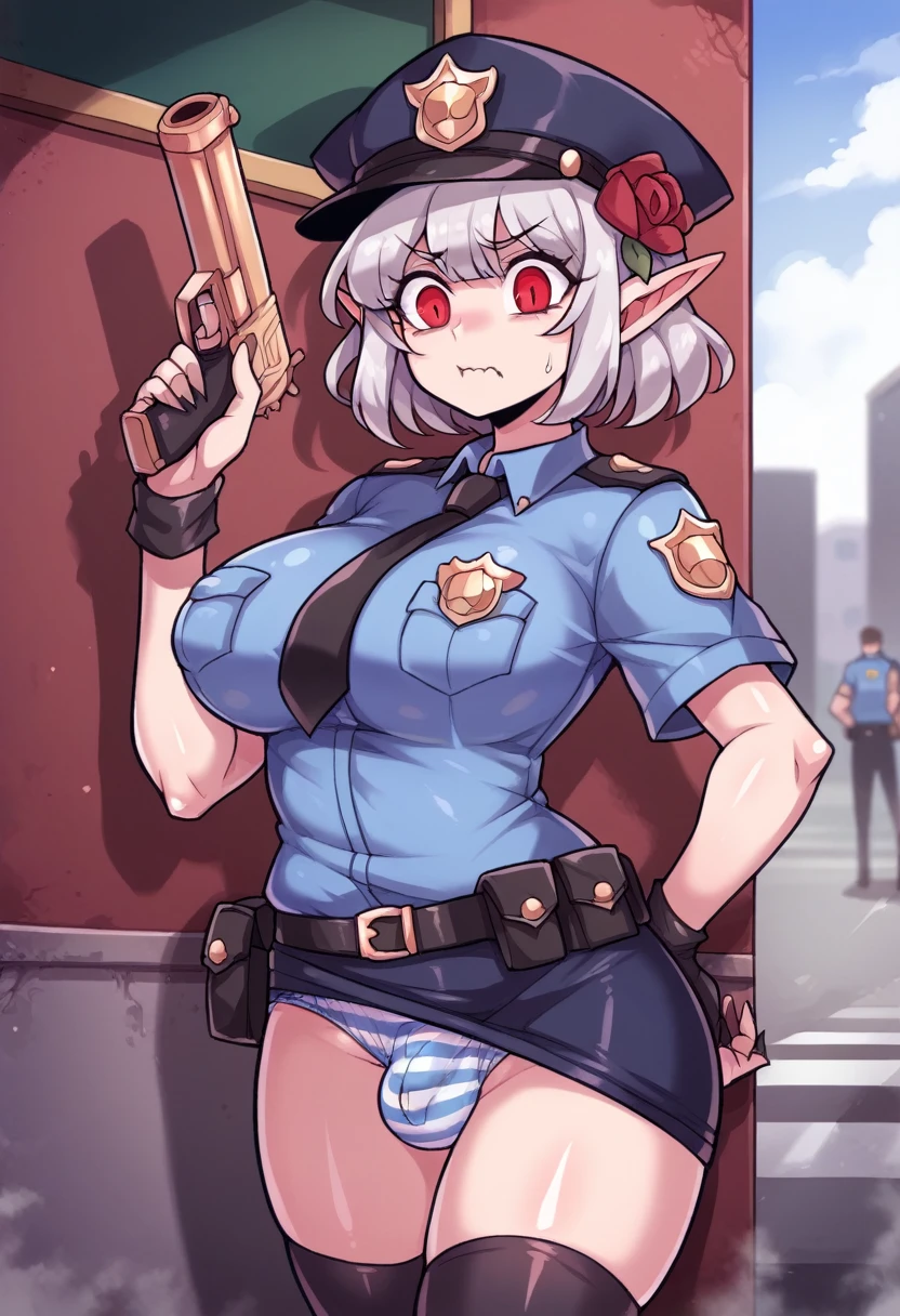 NSFW,((Perfect human body)),One girl, Red eyes, Wavy silver hair, Pointed Ears, vampire, Drooping eyes,Police uniform,Anxious expression,Police hat,skirt,Mobile Task Force Heavy Equipment,Big Breasts,Hair Flowers,Urban area,whole body,Character portrait,捲れ上がるskirt,Striped panties,bulge in the crotch,Possession of a gun,erection,