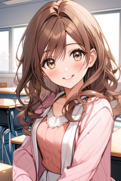 A beautiful student girl smiling, long brown curls, light brown eyes, white skirt, pink cardigan, in a classroom