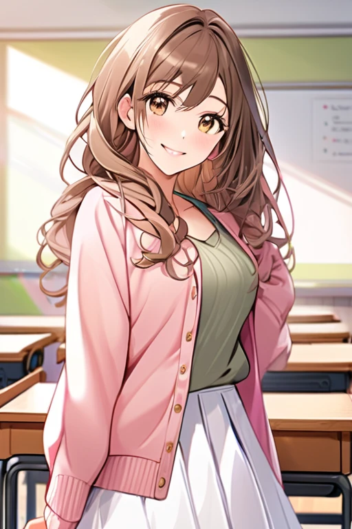 A beautiful student girl smiling, long brown curls, light brown eyes, white skirt, pink cardigan, in a classroom