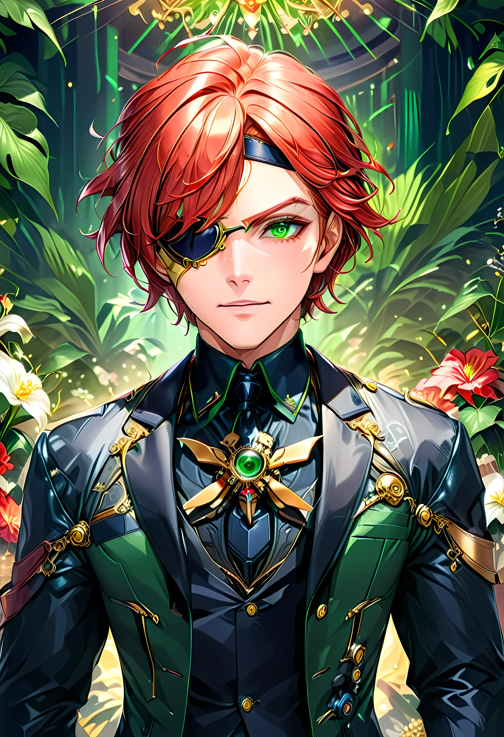 Arafed a picture of a human male spy, wearing dark suit, wearing ((mecha eye patch)), ((eye patch covering only one eye: 1.5))exquisite beautiful male, red hair, short crop hair, green eyes, ((the eye patch has intricate mechanical part in it: 1.4)), high society gala event background, (Masterpiece: 1.5), 16k, highres, best quality, high details, ultra detailed, masterpiece, best quality, (extremely detailed),