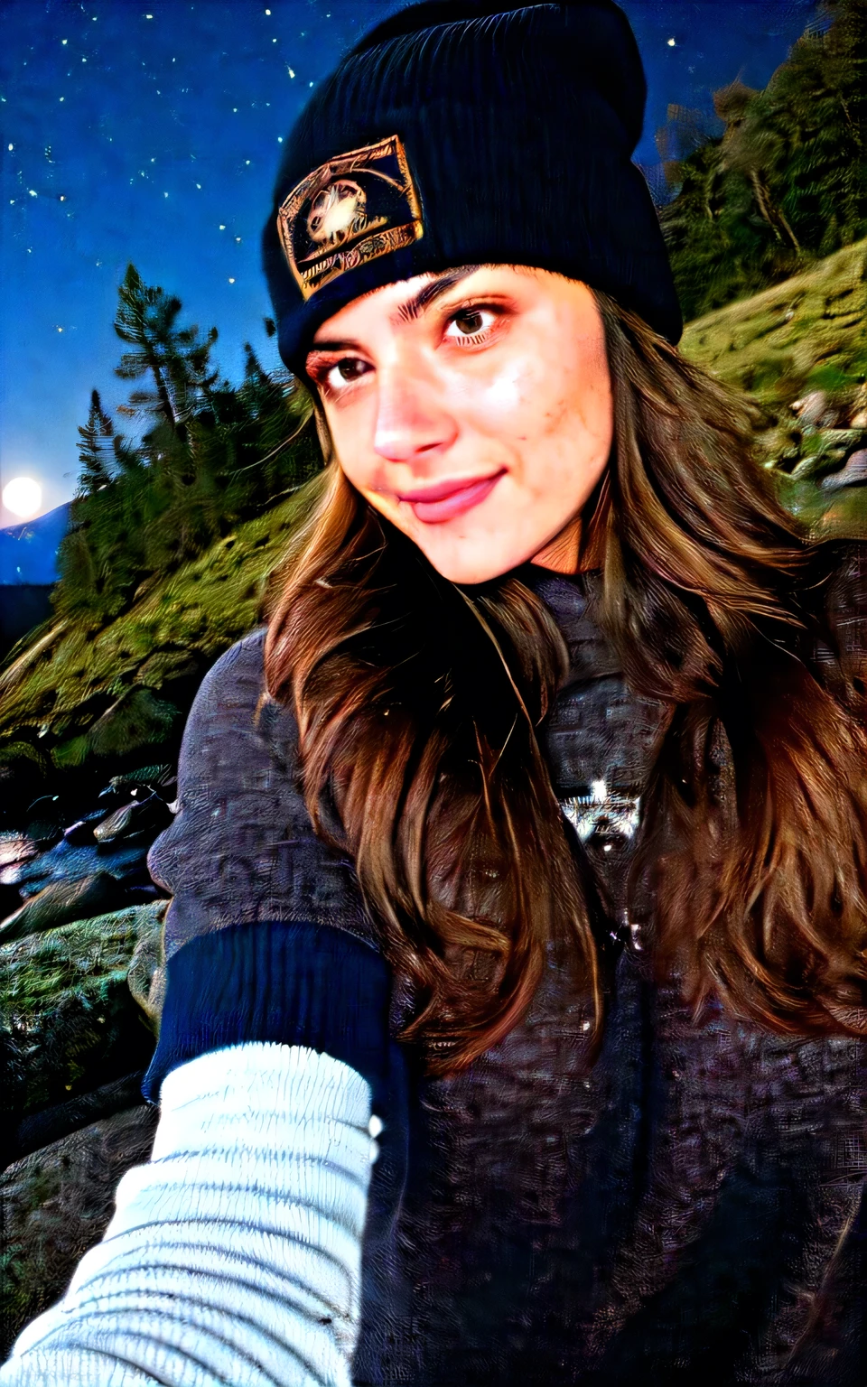 photograph, photo of beautiful woman, selfie, upper body, solo, wearing pullover, outdoors, (night), mountains, real life nature, stars, moon, cheerful, happy, gloves, sweater, beanie, forest, rocks, river, wood, smoke, fog, looking at viewer, skin texture, photo grain, close up, RAW photo