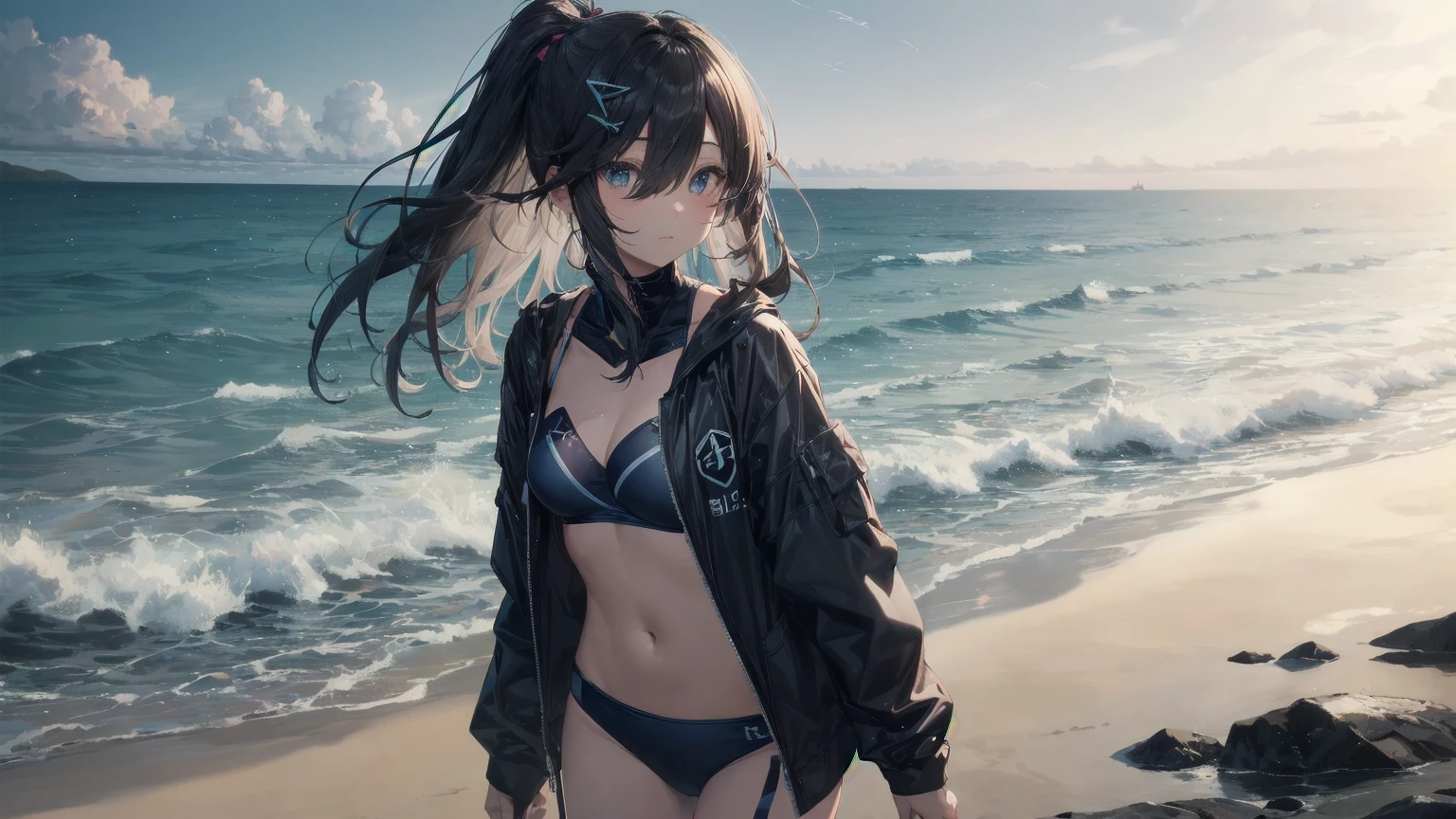 Highest quality, Anime Moe Art Style,Best Anime 8K Konachan Wallpaper,pixiv Contest Winner,Perfect Anatomy, break,(Please draw a picture of a girl in a Swimwear walking on the beach.),break, One is an unlucky beautiful girl.,(alone,On top of that,,14 years old:1.3),,Complete limbs, Full Finger,  short hair, amount, (Hair on one eye:1.4),Small breasts, Small Ass, Beautiful attention to detail, Well-proportioned pupils,Between the legs, Wet, Shiny skin, Cowboy Shot, Hair Clip, Swimwear, At the Beach.break,Very detailed,High resolution,Very detailed肌, 
Optimal lighting with AI, shape,