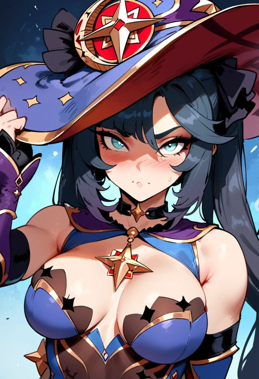 1girl, mona \(genshin impact\), genshin impact \\\\\ masterpiece, best quality, very aesthetic, absurdres, newest \\\\\\ slim body,///// ,by nyantcha,cutesexyrobutts , by khyle,,////// ,,solo,, , ,,detailed face, , ,, , , wallpaper, , beautiful face, sexy, , blush, , space background, big tits, hat, portrait