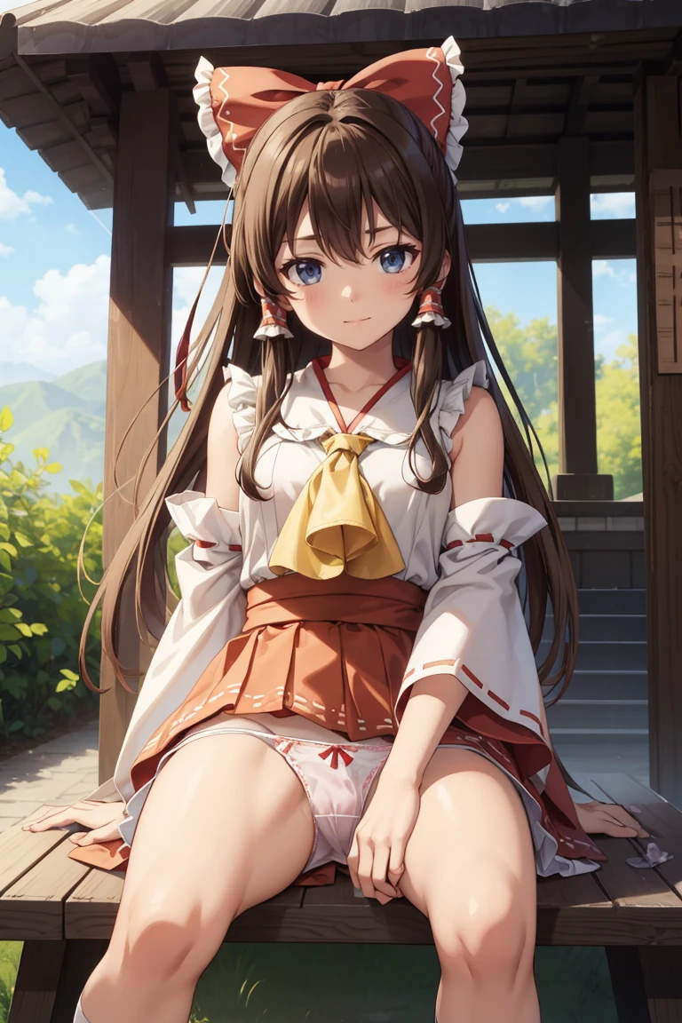 reimu hakurei, (Brown eyes:1.5), Brown Hair, bow, hair bow, Hair Tube, Long Hair, red bow, Side Lock,
Blake Ascot, Bare shoulders,Removable sleeves, embellished costume, Frills, kimono, Non-traditional Shrine Maiden, Red Skirt, Sandals, sarashi, mini skirt, socks, White sleeves, white socks, Wide sleeves, Sit on a chair、Thighs、((Spread your legs wide))、((Panty shot、Cute Panties))、
BREAK Watch Viewers,
Outdoor rest, shrine,Cowboy Shot,Smile Break (masterpiece:1.2), Highest quality, High resolution, unity 8k wallpaper, (figure:0.8), (Beautiful attention to detail), Highly detailed face, Perfect lighting, Highly detailed CG, (Perfect hands, Perfect Anatomy),Dynamic pose,