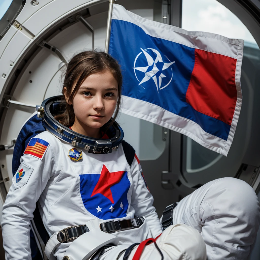 Girl in a spacesuit with a Russian flag on her shoulder, with the inscription Russia, sits and looks into the eluminator