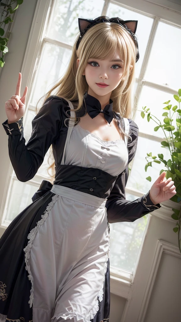 anime character dressed in Maid outfit standing in front of a window, anime girl in a Maid costume, Maid outfit, gorgeous Maid, Maid, Beautiful and detailed anime art, Maid dress, anime cat girl in a Maid costume, in dress, a Maid in a magical forest, Catboy Cosplay! Maid! dress, From Girls Frontline, wearing Maid uniform, (((Middle finger hand sign))), (Anatomically correct hand:1.3), (Detailed hands:1.2), (Detailed eyes and face:1.2), (Perfect Anatomy:1.2), (Blonde Hair:1.2), Beautiful breasts, flower pot, ribbon, (Beautiful Face, Baby Face:1.2, Idol Face), Slender body line, Small and slender figure, (Highest quality, 8k, masterpiece:1.2), Ultra-detailed, (Reality:1.4), Narrow waist,