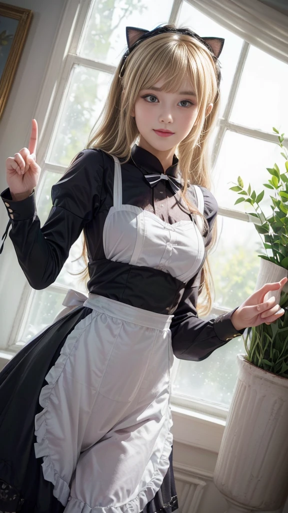 anime character dressed in Maid outfit standing in front of a window, anime girl in a Maid costume, Maid outfit, gorgeous Maid, Maid, Beautiful and detailed anime art, Maid dress, anime cat girl in a Maid costume, in dress, a Maid in a magical forest, Catboy Cosplay! Maid! dress, From Girls Frontline, wearing Maid uniform, (((Middle finger hand sign))), (Anatomically correct hand:1.3), (Detailed hands:1.2), (Detailed eyes and face:1.2), (Perfect Anatomy:1.2), (Blonde Hair:1.2), Beautiful breasts, flower pot, ribbon, (Beautiful Face, Baby Face:1.2, Idol Face), Slender body line, Small and slender figure, (Highest quality, 8k, masterpiece:1.2), Ultra-detailed, (Reality:1.4), Narrow waist,