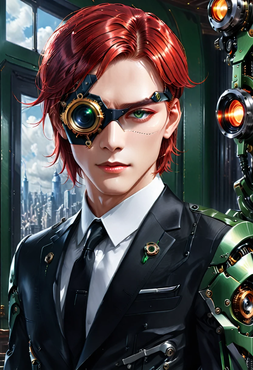 Arafed a picture of a human male spy, wearing dark suit, wearing ((mecha eye patch)), ((eye patch covering only one eye: 1.5))exquisite beautiful male, red hair, short crop hair, green eyes, ((the eye patch has intricate mechanical part in it: 1.4)), high society gala event background, (Masterpiece: 1.5), 16k, highres, best quality, high details, ultra detailed, masterpiece, best quality, (extremely detailed),