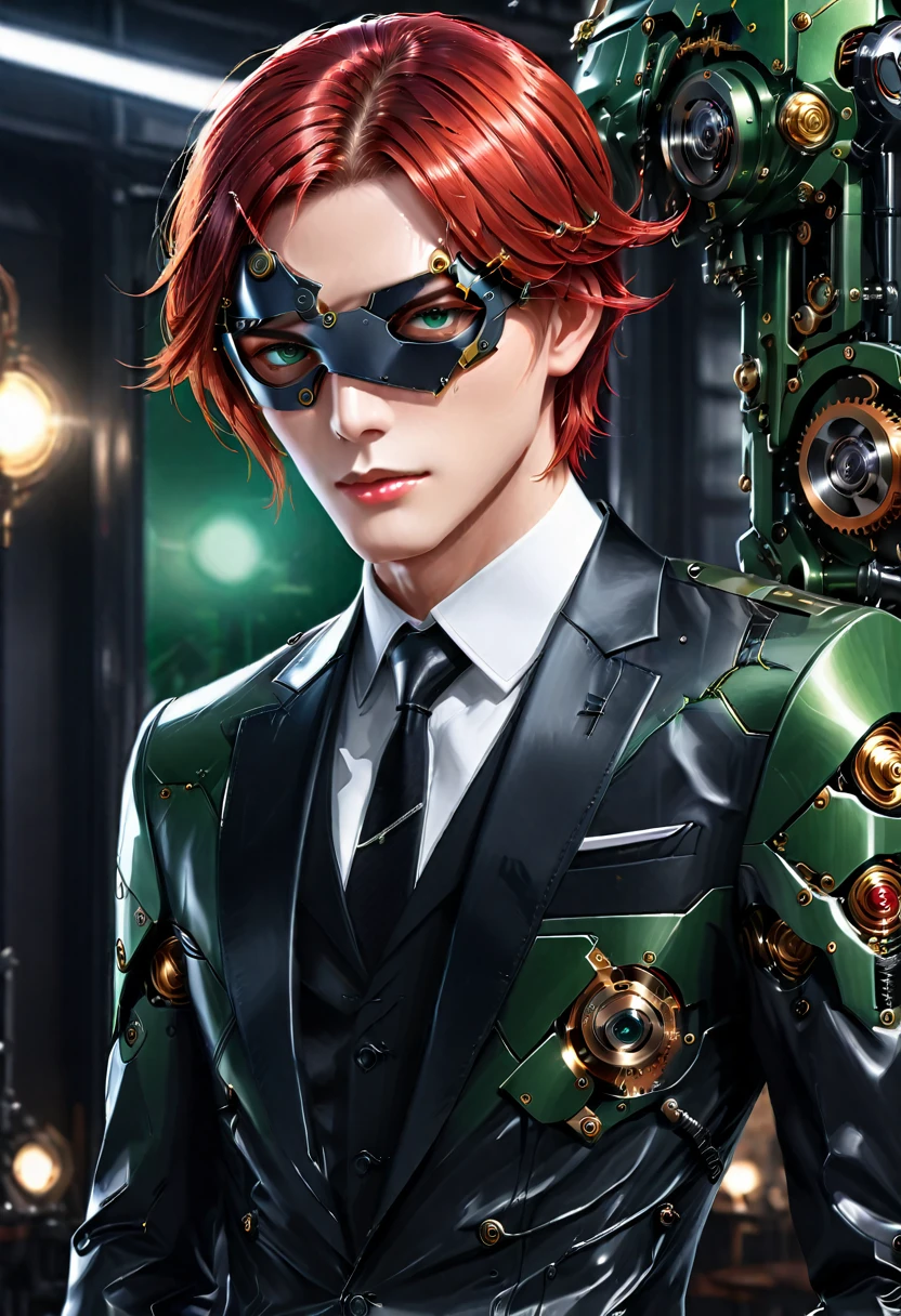 Arafed a picture of a human male spy, wearing dark suit, wearing ((mecha eye patch)), ((eye patch covering only one eye: 1.5))exquisite beautiful male, red hair, short crop hair, green eyes, ((the eye patch has intricate mechanical part in it: 1.4)), high society gala event background, (Masterpiece: 1.5), 16k, highres, best quality, high details, ultra detailed, masterpiece, best quality, (extremely detailed),