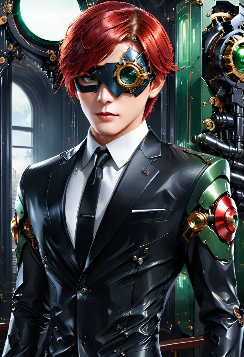 Arafed a picture of a human male spy, wearing dark suit, wearing ((mecha eye patch)), ((eye patch covering only one eye: 1.5))exquisite beautiful male, red hair, short crop hair, green eyes, ((the eye patch has intricate mechanical part in it: 1.4)), high society gala event background, (Masterpiece: 1.5), 16k, highres, best quality, high details, ultra detailed, masterpiece, best quality, (extremely detailed),