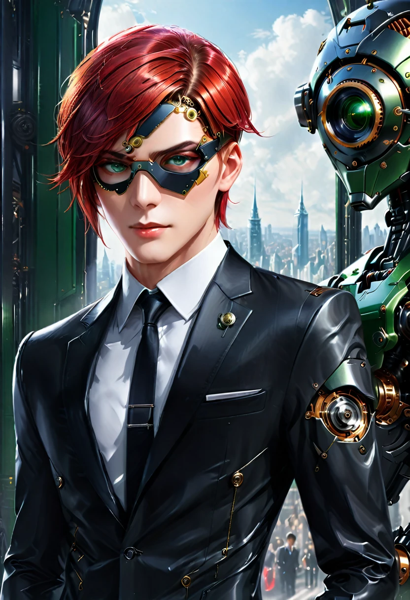 Arafed a picture of a human male spy, wearing dark suit, wearing ((mecha eye patch)), ((eye patch covering only one eye: 1.5))exquisite beautiful male, red hair, short crop hair, green eyes, ((the eye patch has intricate mechanical part in it: 1.4)), high society gala event background, (Masterpiece: 1.5), 16k, highres, best quality, high details, ultra detailed, masterpiece, best quality, (extremely detailed),