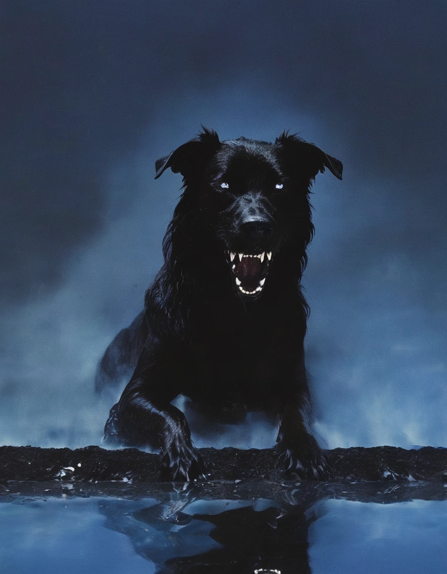 fashion shoot of giant monster black dog in darkness at night, blue background