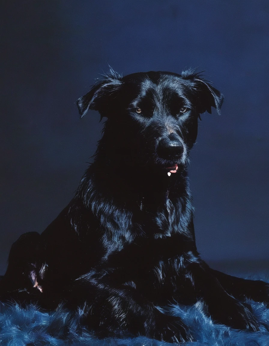 fashion shoot of giant monster black dog in darkness  at night, blue background