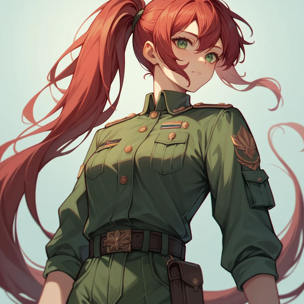 High quality, HD, 4k, Beautiful girl, teenager, red hair, green eyes, twintailed, medium breast, black military uniform