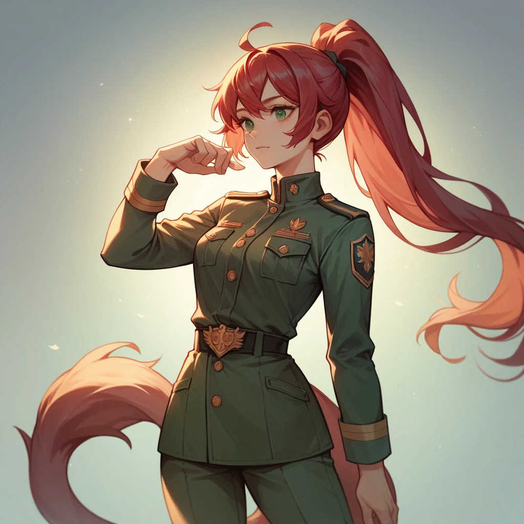 High quality, HD, 4k, Beautiful girl, teenager, red hair, green eyes, twintailed, medium breast, black military uniform